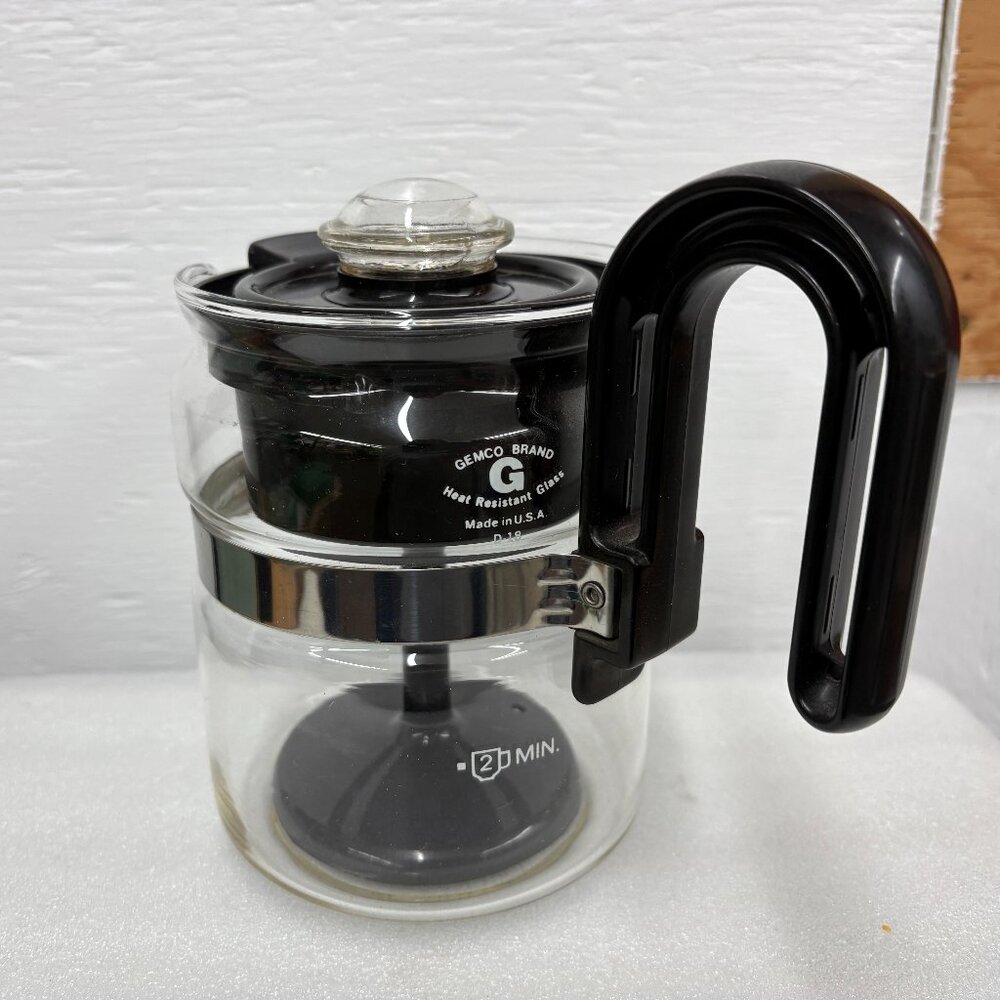 Vintage Gemco Brand 2 Cup Percolator Coffee Pot Clear Heat Resistant Glass Black
